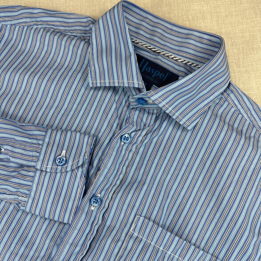 Haspel Button Down Shirt‎ Mens Medium Blue Striped Long Sleeve Made in Italy EUC